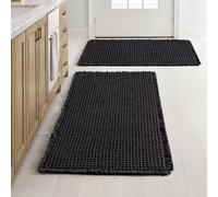 Non-Slip Waffle Bath Mat Set 2-Piece Soft & Absorbent Bathroom Rugs 61x183cm Black Washable Shower Mats Stylish Home Décor for Modern Bathrooms