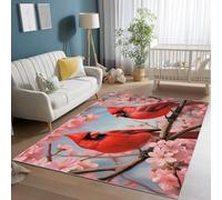 Non-Slip Washable Area Rugs for Bedroom - Animal Cardinal Cherry Blossom Pattern Durable Soft Indoor Carpet, 140 x 200 cm Shed Resistant Rug for Living Room Playroom Floor Mat, Light Pink