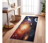 Non Slip Washable Runner Rug Blue Space Theme Planets Galaxies, Long Narrow Carpet For Corridor, Kitchen And Laundry Room, Durable Low Pile 60X150 Cm