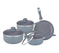 Non Stick Aluminium Pots and Pans Set 7pc - Marble Effect Cookware with Tempered Glass Lids and Induction Base, Durable Heat Efficient Kitchen Cooking Set for Gas and Electric Hobs (Grey)