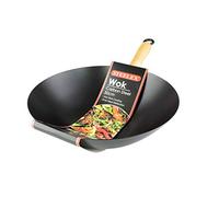 Non Stick Carbon Steel Wok 30cm With Wooden Handle Flat Base Chinese Style Cooking Deep Stir Fry Frying Pan