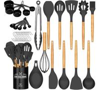 Non Stick Cooking Utensils Set - 24pcs Silicone Kitchen Utensils Set with Spatula, Utensil Holder and Measuring Spoons, Heat Resistant, Kitchen Tools & Accessories, Wooden Handle-Black