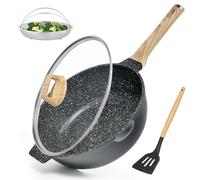 Non Stick Deep Frying Pan with Lid and Strainer, 12 In / 5.5 Quart Saute Pan, Granite Chef Pan Skillet Nonstick for Cooking, 100% PFOA Free Non Toxic Fry Pan for All Stove top Gas Induction