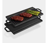 VonShef Reversible Griddle Pan, Pre-Seasoned Non-Stick Cast Iron BBQ Griddle with Handles, Oven Safe Flat Pan for All Hob Types