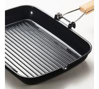 Non-Stick Grill Pan 36x26 cm - Heavy-Duty Aluminium Griddle with Wooden Handle - BBQ-Style Cooking Pan for Hob & Gas - Fat Drain Channels, Dishwasher Safe, Black