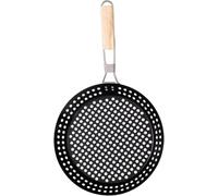 Non-Stick Grill Pan with Foldable Wooden Handle, 30.5cm | Foldable wooden handle and perforated design for even grilling. Measures 30.5cm diameter, 50.5cm total length.