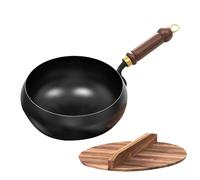 Non Stick - Iron Wooden Handle 24cm | Uncoated Hand Forged Big Belly Pot with Lid | Multi Function Iron Cookware Stock Pot for Boiling Frying Stewing in Home Cooking Use