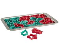 Non Stick Metal Christmas Baking Tray with 22 Plastic Moulds Xmas Tree Star Candy Cane Bell Reindeer Snowman Santa Claus Gingerbread Man Cookie Cake Bakeware Set