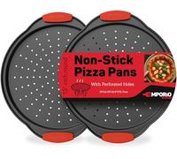 Non-Stick Pizza Pan with Silicone Handle 2 Pack, 13 Inch Round Carbon Steel Tray with Perforated Holes, Dishwasher & Oven Safe Up To 450°F, PFOAPFOSPTFE Free, Durable Nonstick Gray Coating