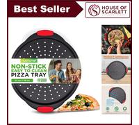 NutriChef Non-Stick Pizza Tray - with Silicone Handle, Round Steel Non-Stick Pan with Perforated Holes, Premium Bakeware, Pizza Tray with Silicone and Oversized Handle, Dishwasher Safe
