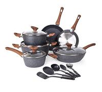 Non Stick Pots and Pans Set for Induction Hob - 15-Piece Granite Saucepan & Frying Pan Set with Lids, Full Kitchen Pot Pan Set PFOS, PFOA Free - by nuovva
