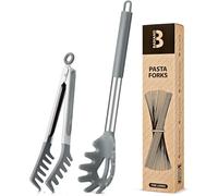 Non-Stick Silicone Spaghetti Spoon & Pasta Tong Set with Teeth，Stainless Steel Handle, Food Clip for Easy Serving of Noodles (Grey)