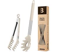 Non-Stick Silicone Spaghetti Spoon & Pasta Tong Set with Teeth，Stainless Steel Handle, Food Clip for Easy Serving of Noodles (Khaki)