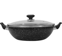 Non-Stick Wok Karahi with Lid - Deep Cooking Pan for Curry, Frying & Stir Fry - Induction, Gas & Electric Compatible Casserole Cooking Pot Dishwasher Safe Speckled Marble Finish, Easy Clean (30cm)