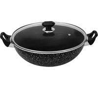 Non-Stick Wok Karahi with Lid - Deep Cooking Pan for Curry, Frying & Stir Fry - Induction, Gas & Electric Compatible Casserole Cooking Pot Dishwasher Safe Speckled Marble Finish, Easy Clean (32cm)