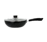 Non Stick Wok with Glass Lid Heavy Duty Aluminium Stir Fry Pan Deep Frying Cooking Saute Pan Non-Stick Coating with Transparent Lid Long Handle, Black (24cm)