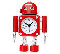 Non-ticking Robot Alarm Clock Stainless Metal - Wake-up Clock With Flashing Eye Lights And Hand Clip (ruby Red)