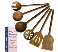 Non-Toxic Cooking Utensils - 6-Piece Kitchen Utensils Set, Glue-Free & One-Piece Wooden Spoons for Cooking, Natural Wooden Utensil Set with Plant-Based Finish, Free of Forever Chemicals