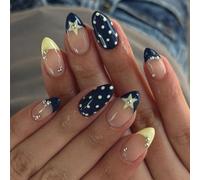 Non-Toxic False Nails French Design, Blue Yellow Colour Blocks, Star Pattern, Comfortable ABS Nail Art for Professional ABS False Nails