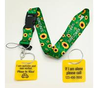 Non-Verbal Autistic ID Tag, Custom Autism Awareness Keychain - Send Plastic Hardwearing Autism Acceptance Identification Tag Card with Sunflower Lanyard, Emergency Contact Info for Kids (Yellow)