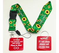 Non-Verbal Autistic ID Tag, Custom Autism Awareness Keychain - Send Plastic Hardwearing Autism Acceptance Identification Tag Card with Sunflower Lanyard, Emergency Contact Info for Kids (Red)