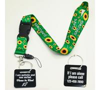 Non-Verbal Autistic ID Tag, Custom Autism Awareness Keychain - Send Plastic Hardwearing Autism Acceptance Identification Tag Card with Sunflower Lanyard, Emergency Contact Info for Kids (Black)
