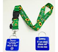 Non-Verbal Autistic ID Tag, Custom Autism Awareness Keychain - Send Plastic Hardwearing Autism Acceptance Identification Tag Card with Sunflower Lanyard, Emergency Contact Info for Kids (Blue)