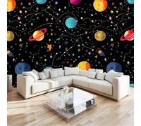 Non-Woven Black Photo Wallpaper, Cartoon Cute Space Planet Wall Murals for Bedroom Living Room TV Backdrop Hallway Hall Lounge - 250 x 175 cm