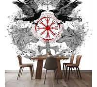 Non-Woven Black White Wallpaper, Dark Style Crow Wolf Runes Pattern Design for Adults Kids Bedroom Living Room Lounge Hallway and Stairs, Modern Decorative Wallpaper 300 x 210 cm (W x H)