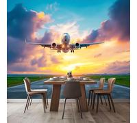 Non-Woven Colorful Wallpaper, Close-Up Sunset Airplane Runway Pattern Design for Adults Kids Bedroom Living Room Lounge Hallway and Stairs, Modern Decorative Wallpaper 300 x 210 cm (W x H)