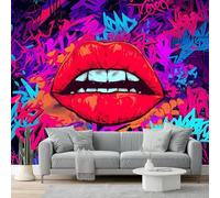 Non-Woven Colorful Wallpaper, Graffiti Style Urban Red Lips Pattern Design for Adults Kids Bedroom Living Room Lounge Hallway and Stairs, Modern Decorative Wallpaper 300 x 210 cm (W x H)