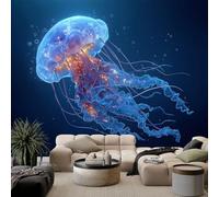 Non-Woven Fleece Glowing Octopus Comic Night Sky Starry Sky Dark Blue Photo Wallpaper Wall Mural Kids Aldult Teenager Bedroom Photo Mural Home Poster Decoration 350 x 256 cm