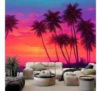 Non-Woven Fleece Neon Pink Sunset Beach Tropical Plants Palm Leaves Photo Wallpaper Wall Mural Kids Aldult Teenager Bedroom Photo Mural Home Poster Decoration 300 x 210 cm