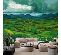 Non-Woven Fleece Oil Painting Green Hills Natural Rural Village Photo Wallpaper Wall Mural Kids Aldult Teenager Bedroom Photo Mural Home Poster Decoration 150 x 105 cm
