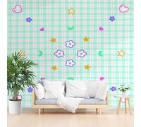 Non-Woven Mural Painted Geometric Stars and Floral Wall Mural Wallpaper 365x254cm(W x H) Wallpaper for Living Room Bedroom Decoration Poster Picture Design Modern Geometric Stripes Green