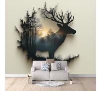 Non-Woven Mural Wall Paper 3D Elk Sunshine Photo Wallpaper 200x140 cm EEL Animal Mural Wallpaper Durable Waterproof Easy to Clean for Living Room Corridor Café Gallery Office Decoration Poster