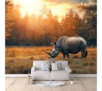 Non-Woven Mural Wall Paper 3D Rhino Forest Photo Wallpaper 200x140 cm Nature Animal Mural Wallpaper Durable Waterproof Easy to Clean for Living Room Corridor Café Gallery Office Decoration Poster