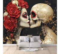 Non-Woven Mural Wall Paper 3D Skull Gothic Photo Wallpaper 200x140 cm Gothic Flowers Mural Wallpaper Durable Waterproof Easy to Clean for Living Room Corridor Café Gallery Office Decoration Poster