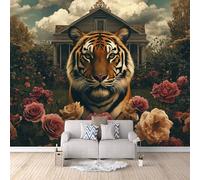Non-Woven Mural Wall Paper 3D Tiger Flower Photo Wallpaper 400x280 cm Tiger Animal Mural Wallpaper Durable Waterproof Easy to Clean for Living Room Corridor Café Gallery Office Decoration Poster