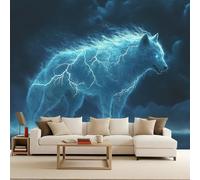 Non-Woven Mural Wall Paper 3D Wolf Lightning Photo Wallpaper 150x105 cm Clouds Animal Mural Wallpaper Durable Waterproof Easy to Clean for Living Room Corridor Café Gallery Office Decoration Poster