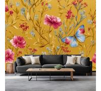 Non-Woven Mustard Yellow Photo Wallpaper, Vintage Botanical Floral Animals Bedroom Decoration Wall Mural - Patterned Wall Wallpaper for Bathroom Living Room 138 x 101 inch (W x H)