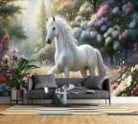 Non-Woven Panoramic Wall Mural 3D Fantasy White Horse Photo Wallpaper | Wipeable Waterproof Mural Wallpaper Forest Floral Feature Wall Art 150x105 cm for Living Room Bedroom Home Office R14