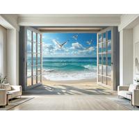 Non-Woven Panoramic Wall Mural Beach Ocean Window 3D Photo Wallpaper | Wipeable Waterproof Mural Wallpaper Coastal Seagull Feature Wall Art 200x140 cm for Living Room Bedroom Home Office B505