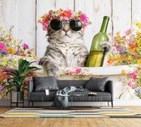 Non-Woven Panoramic Wall Mural Cat Wildflower 3D Photo Wallpaper | Matt Wipeable Waterproof Mural Wallpaper Funny Animal Boho Wall Art 400x280 cm for Living Room Bedroom Home Officec299