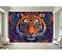 Non-Woven Panoramic Wall Mural Geometric Tiger 3D Photo Wallpaper | Wipeable Waterproof Mural Wallpaper Boho Tribal Animal Feature Wall Art 400x280 cm for Living Room Bedroom Home Office B299