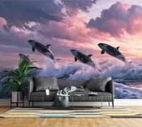 Non-Woven Panoramic Wall Mural Orca Marine Life 3D Photo Wallpaper | Matt Wipeable Waterproof Mural Wallpaper Sunset Ocean Wave Wall Art 300x210 cm for Living Room Bedroom Home Officec437