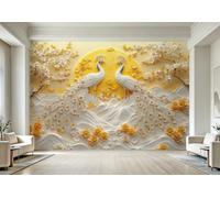Non-Woven Panoramic Wall Mural Peacock Relief 3D Photo Wallpaper | Wipeable Waterproof Mural Wallpaper Floral Botanical Feature Wall Art 250x175 cm for Living Room Bedroom Home Office B86