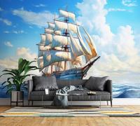 Non-Woven Panoramic Wall Mural Sailing Ship Nautical 3D Photo Wallpaper | Wipeable Waterproof Mural Wallpaper Ocean Wave Cloudy Sky Feature Wall Art 400x280 cm for Living Room Bedroom Home Office F89