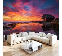 Non-Woven Panoramic Wall Mural Sunset Beach Hut 3D Photo Wallpaper | Wipeable Waterproof Mural Wallpaper Coastal Landscape Feature Wall Art 500x280 cm for Living Room Bedroom Home Office B685