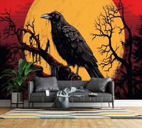 Non-Woven Paste The Wall Mural 3D Gothic Raven Photo Wallpaper | Wipeable Waterproof Mural Wallpaper Dark Blood Moon Feature Wall Art 350x256 cm for Living Room Bedroom Home Office R368